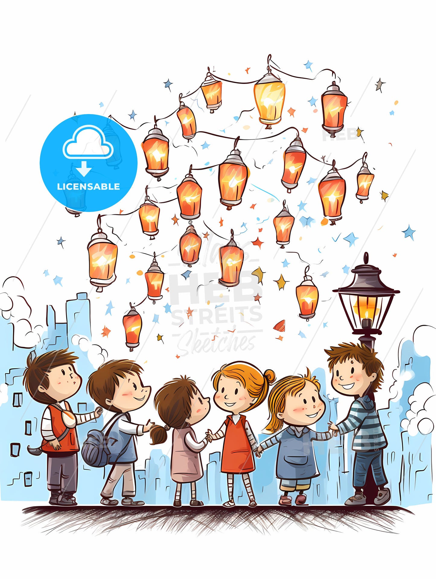 Group Of Children Holding Hands Under A String Of Lights