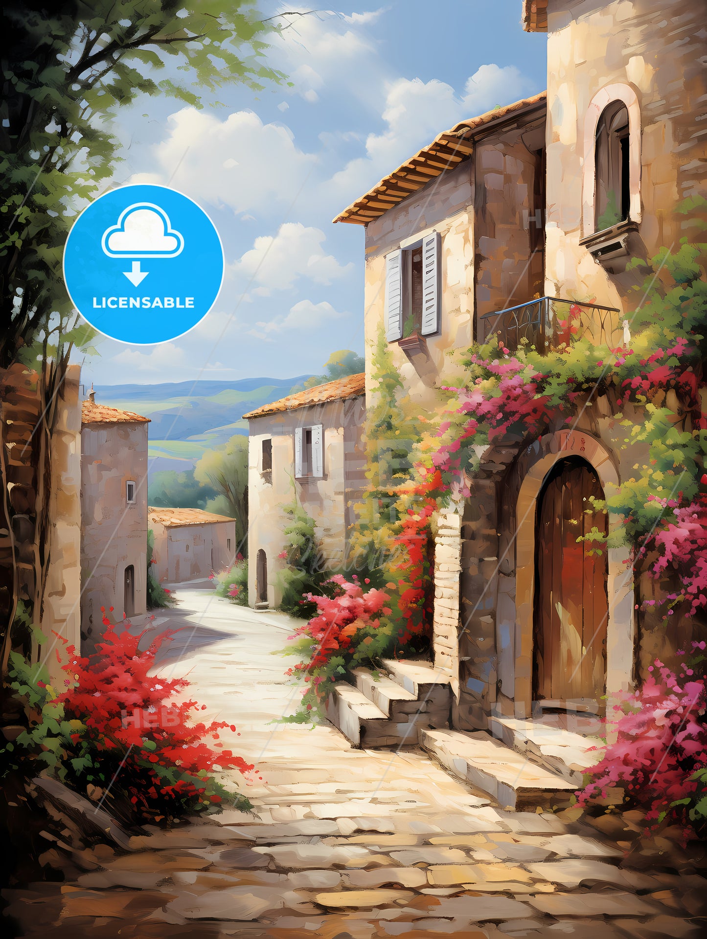 Painting Of A Stone Building With Flowers On The Side