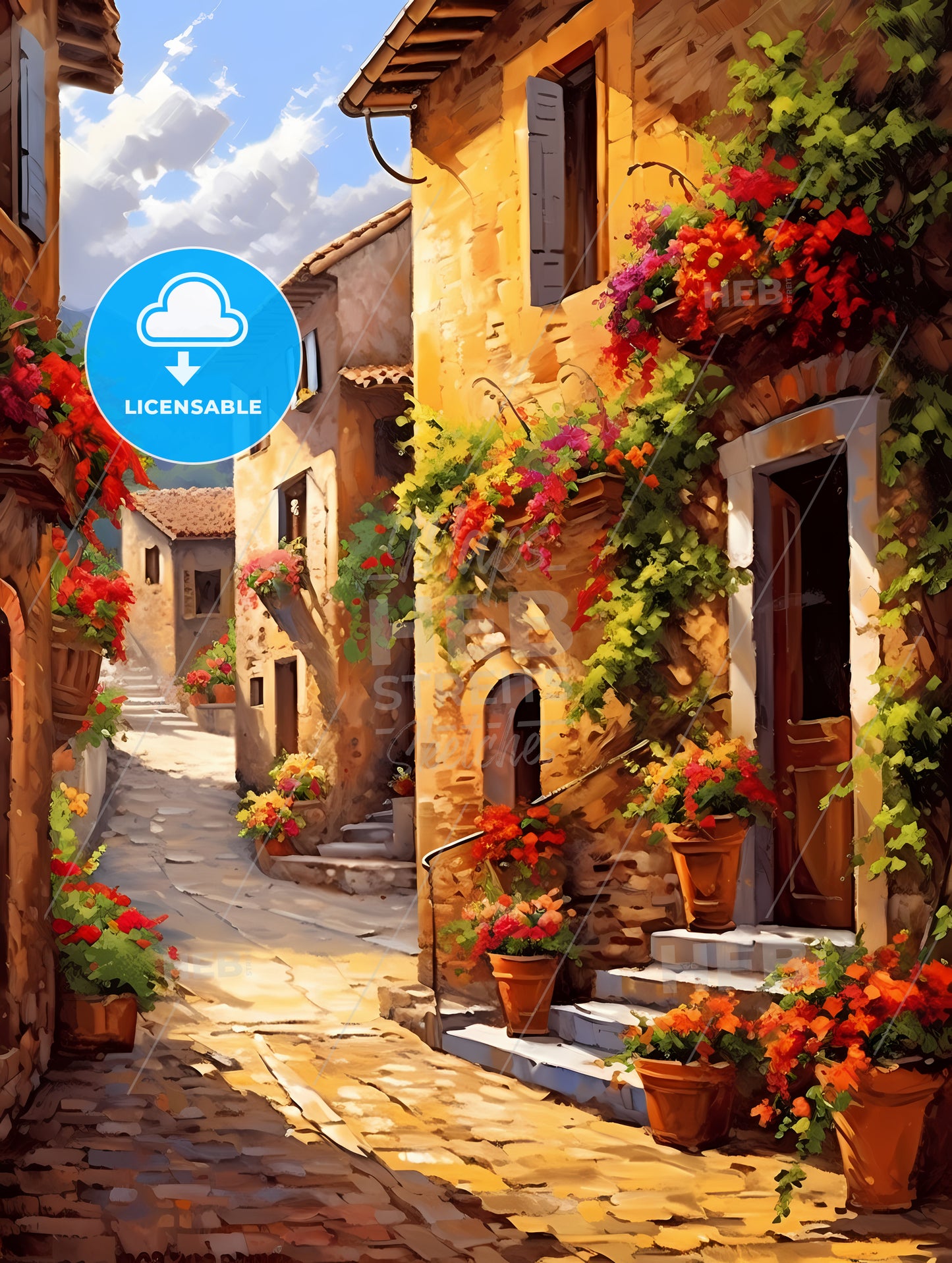 Painting Of A Street With Flowers On The Side