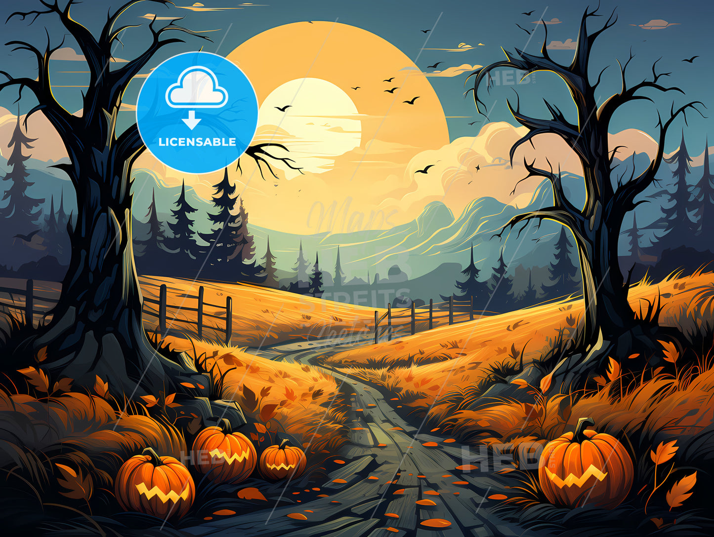 Road With Pumpkins And Trees