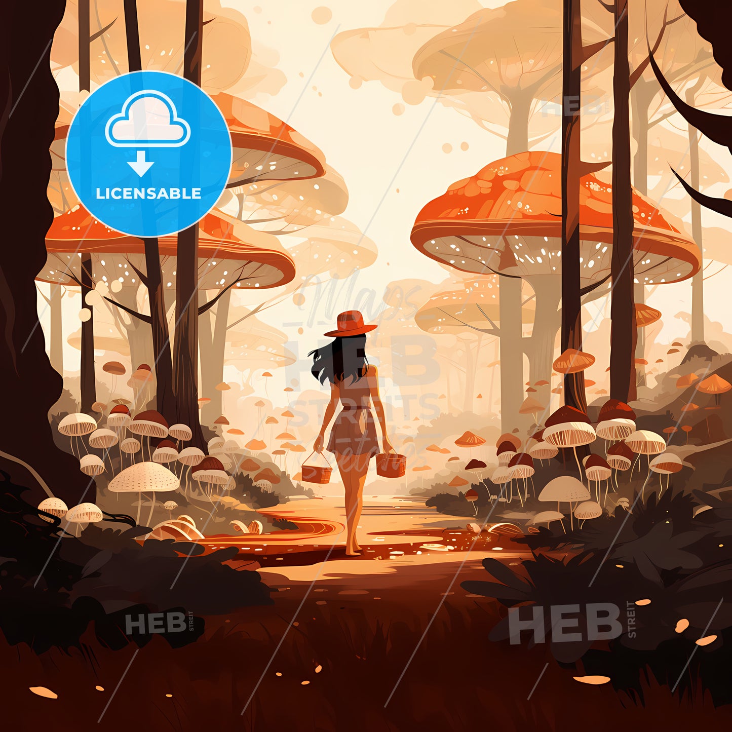 Woman Walking In A Forest With Mushrooms