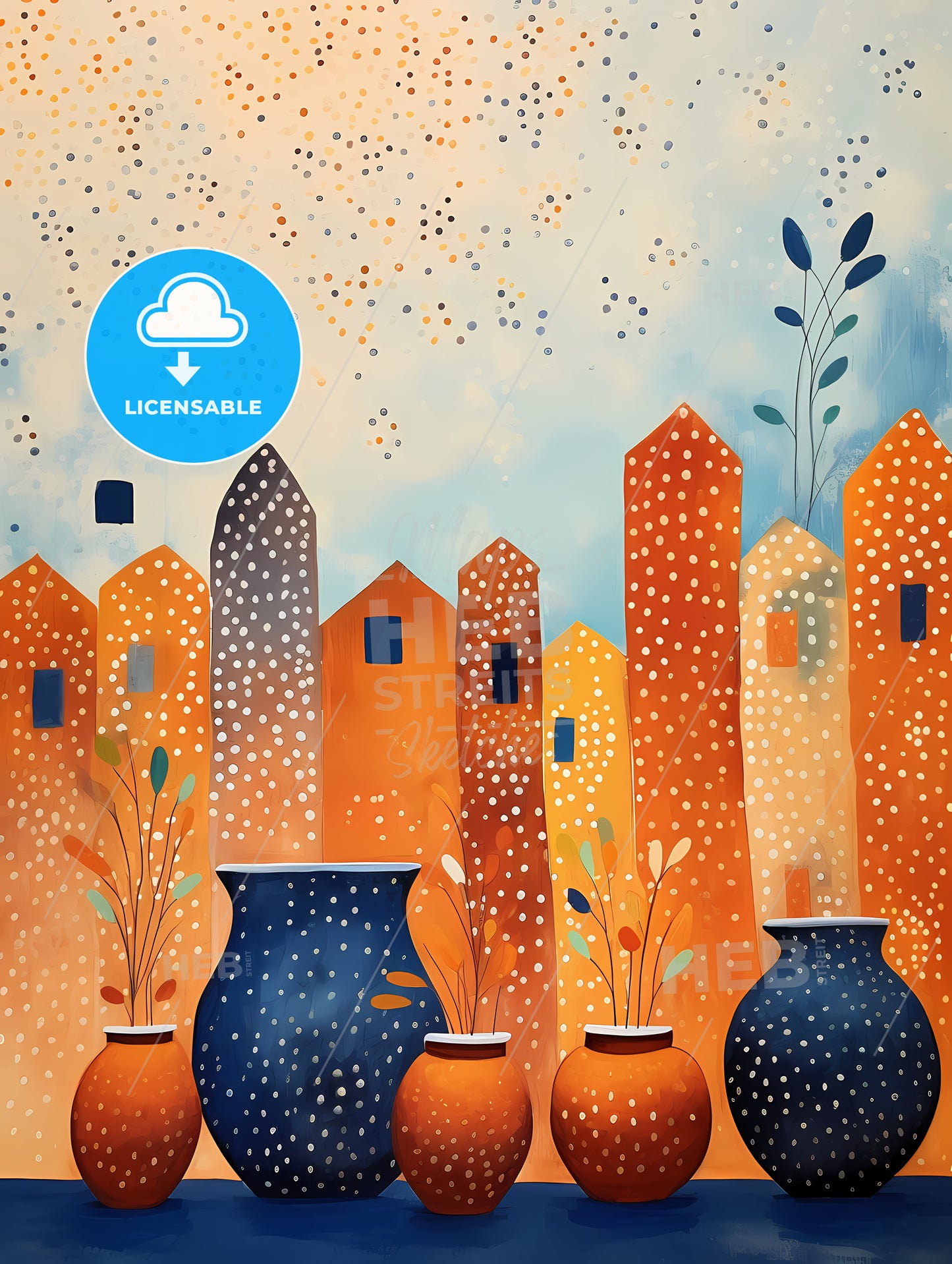 Painting Of A City With Vases