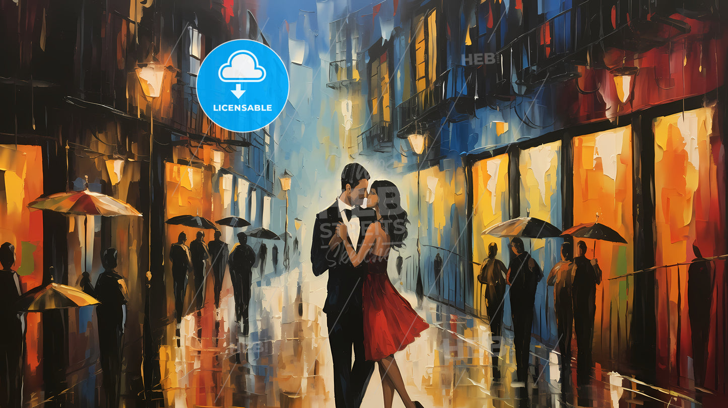 Painting Of A Man And Woman Kissing On A Street