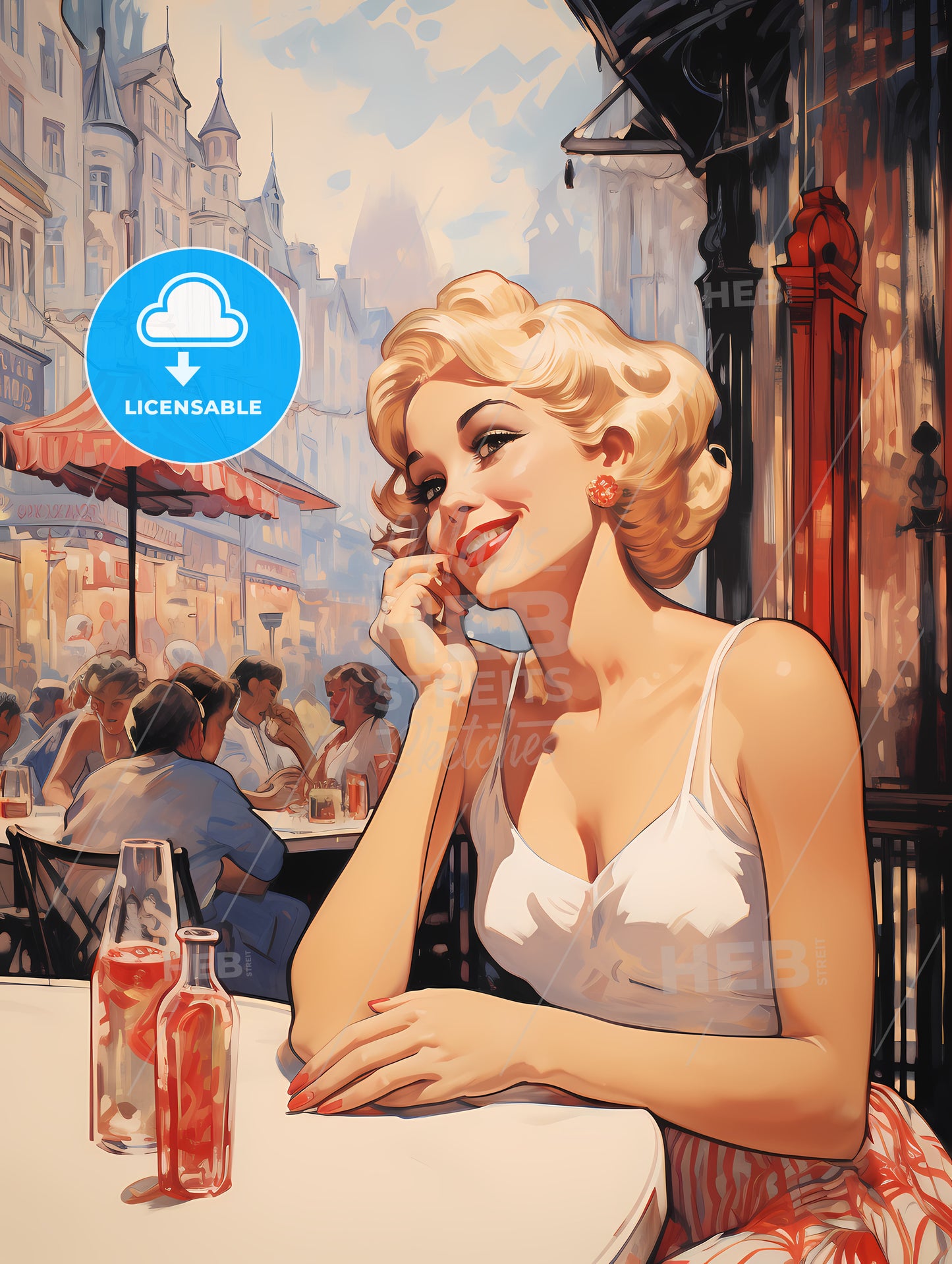 Woman Sitting At A Table With Drinks And A Phone