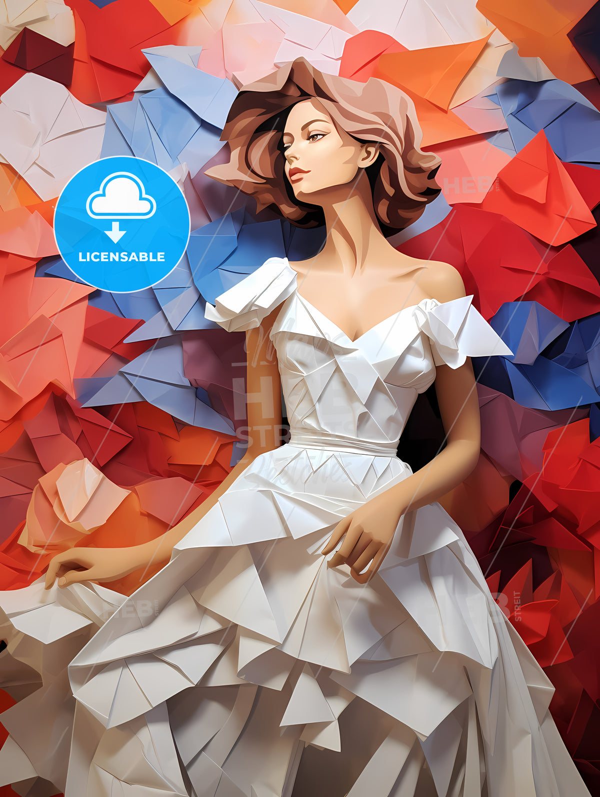 Woman In A White Dress Lying On A Colorful Background