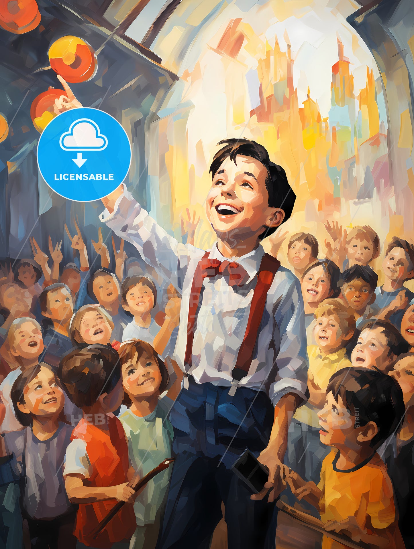 Boy In A Bow Tie And Suspenders Standing In Front Of A Crowd Of Children