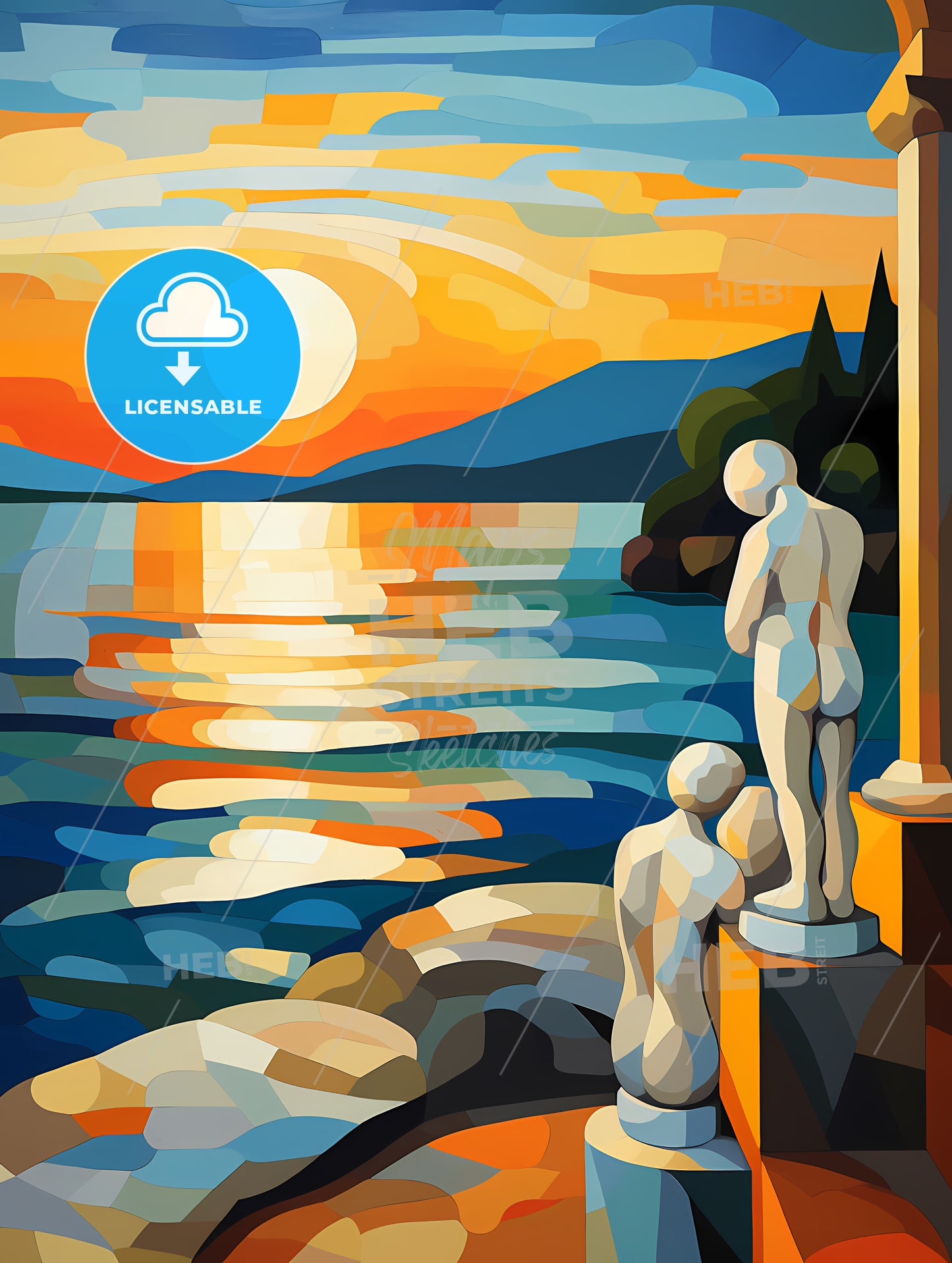 Painting Of A Couple Of Statues On A Rocky Shore