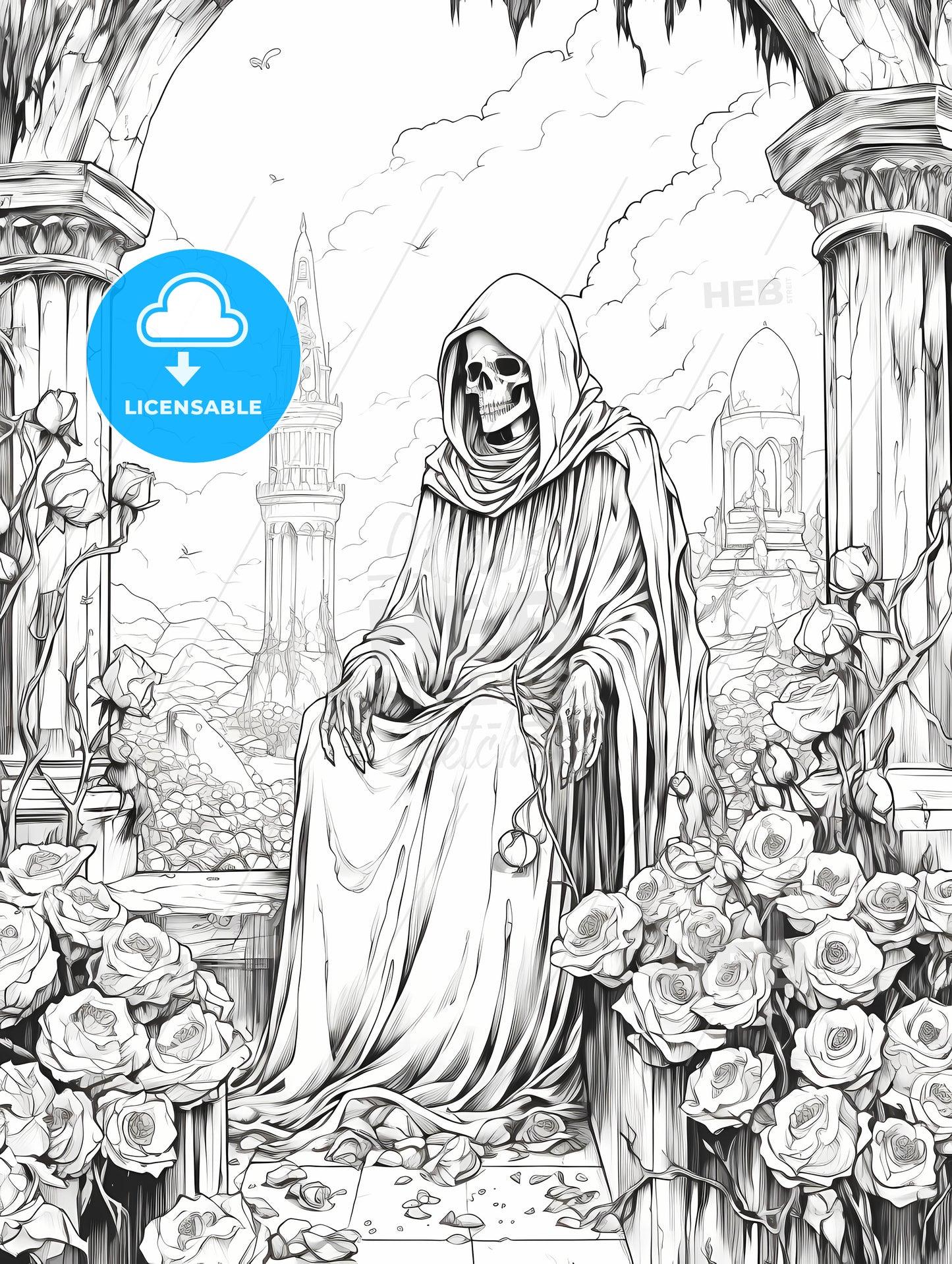 Skeleton In A Robe Sitting On A Stone Ledge With Roses