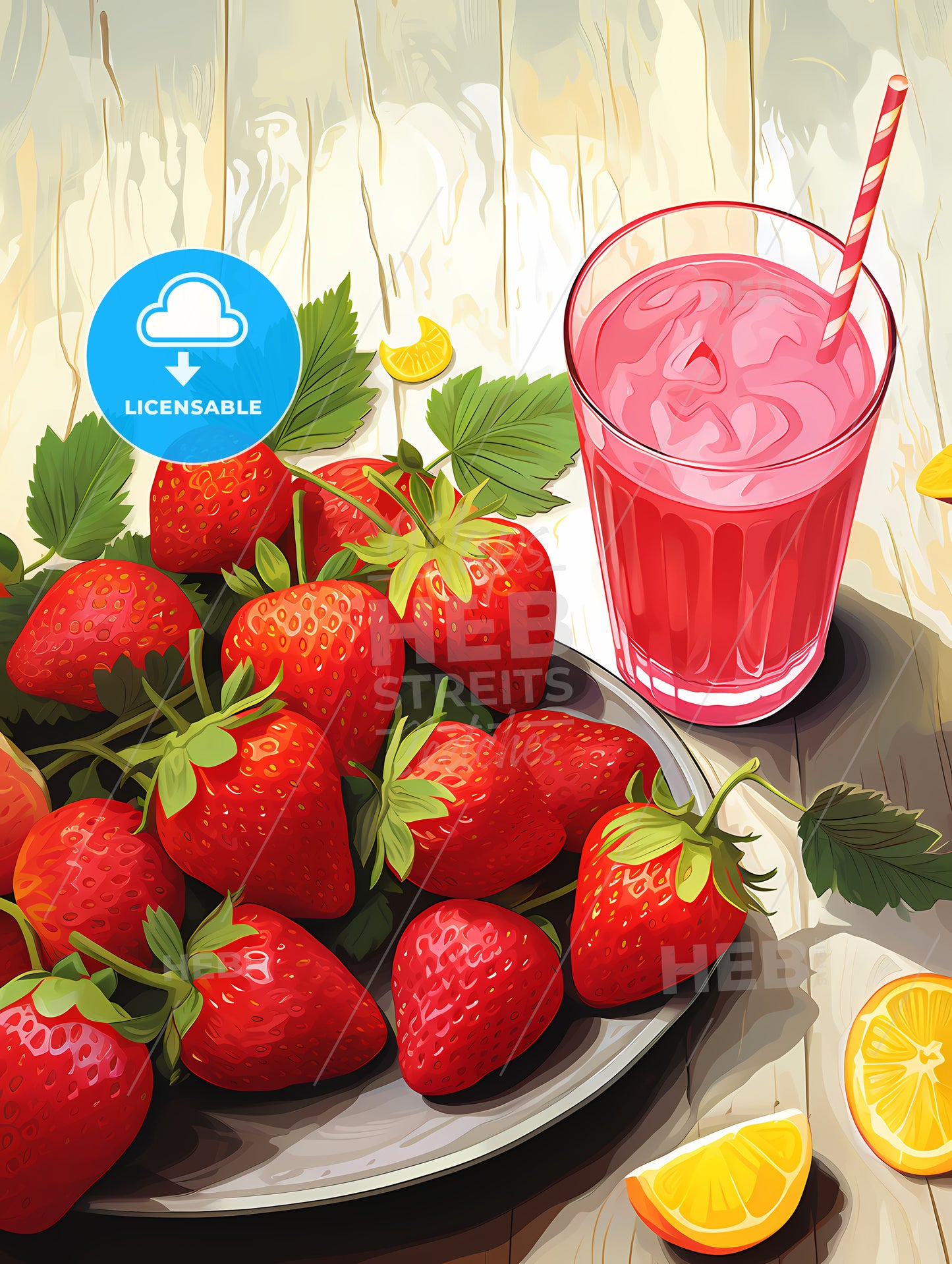 Plate Of Strawberries And A Glass Of Pink Juice