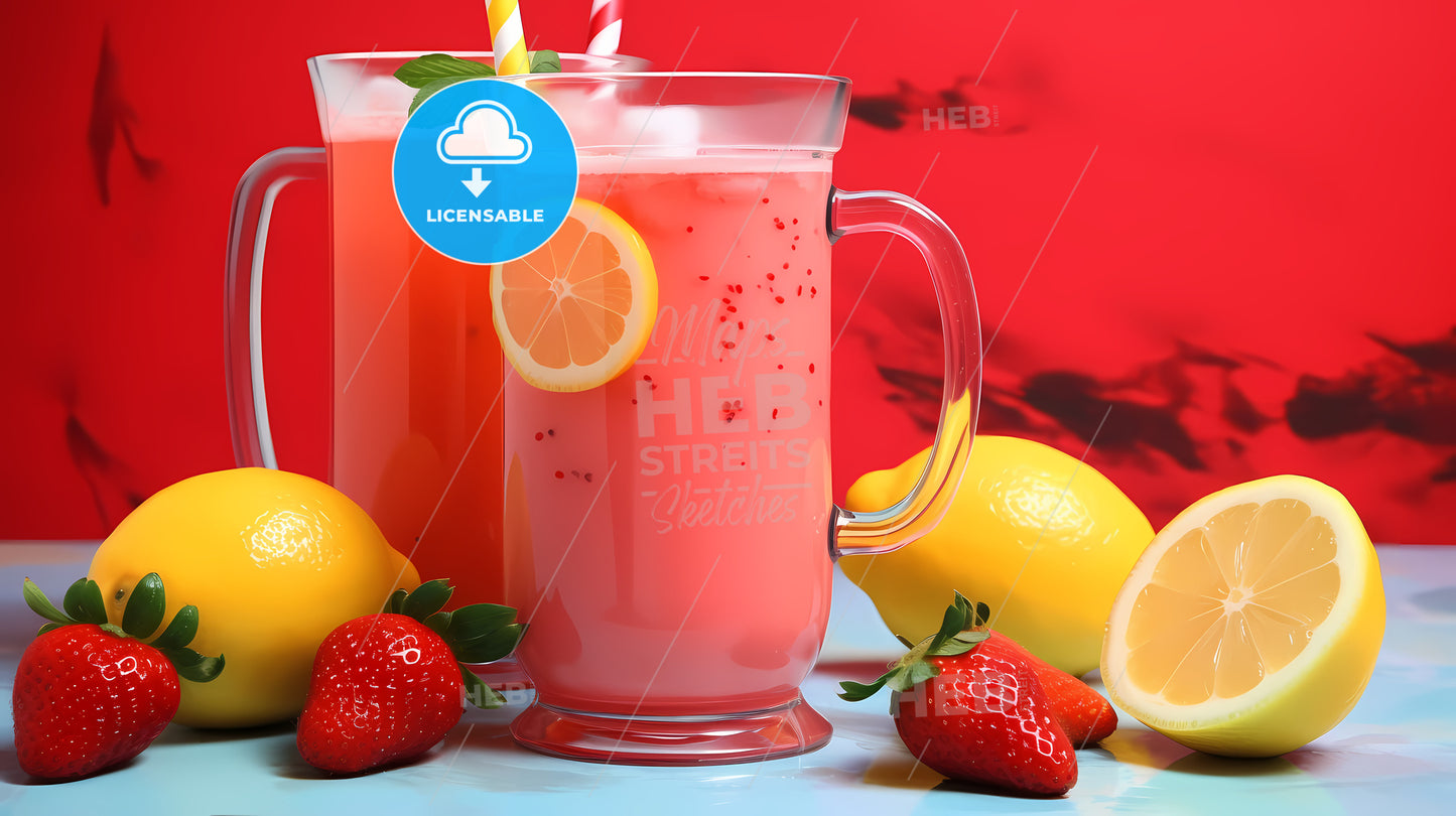 Couple Of Glasses Of Pink And Red Drinks With Straws And Strawberries