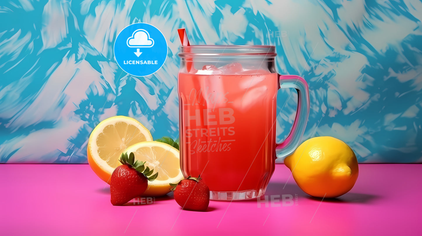 Glass Of Pink Liquid With Straw Next To Lemons And Strawberries