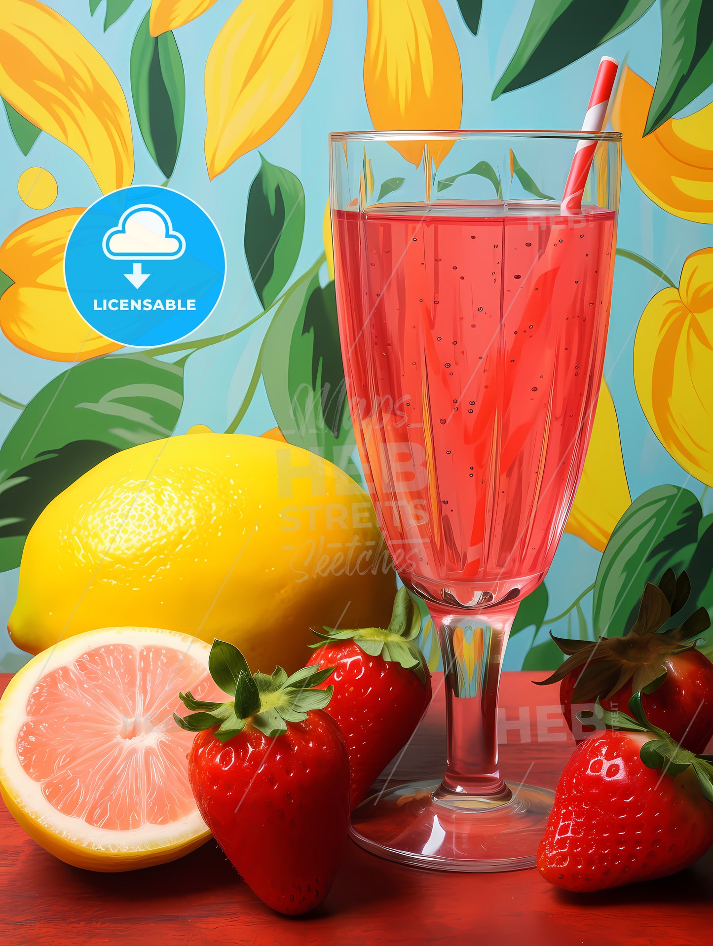 Glass Of Pink Drink With Straw Next To Strawberries And Lemons