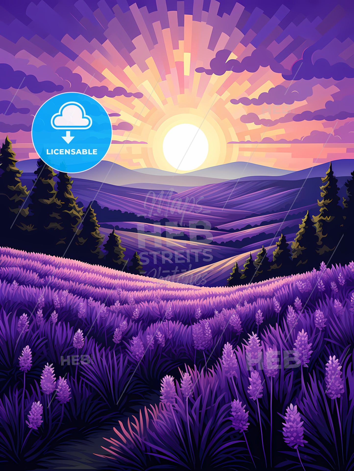 Landscape With Trees And A Field Of Lavender