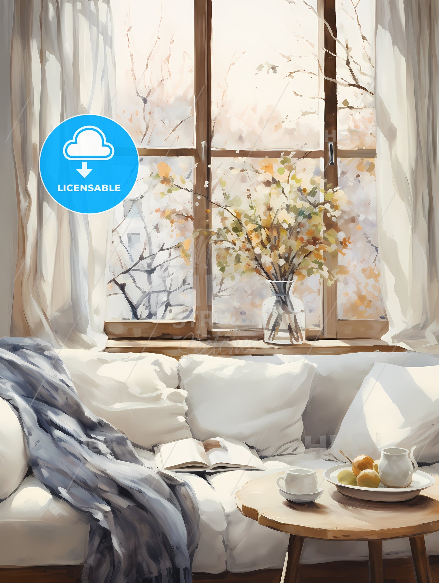 Painting Of A Couch With A Vase Of Flowers And A Book