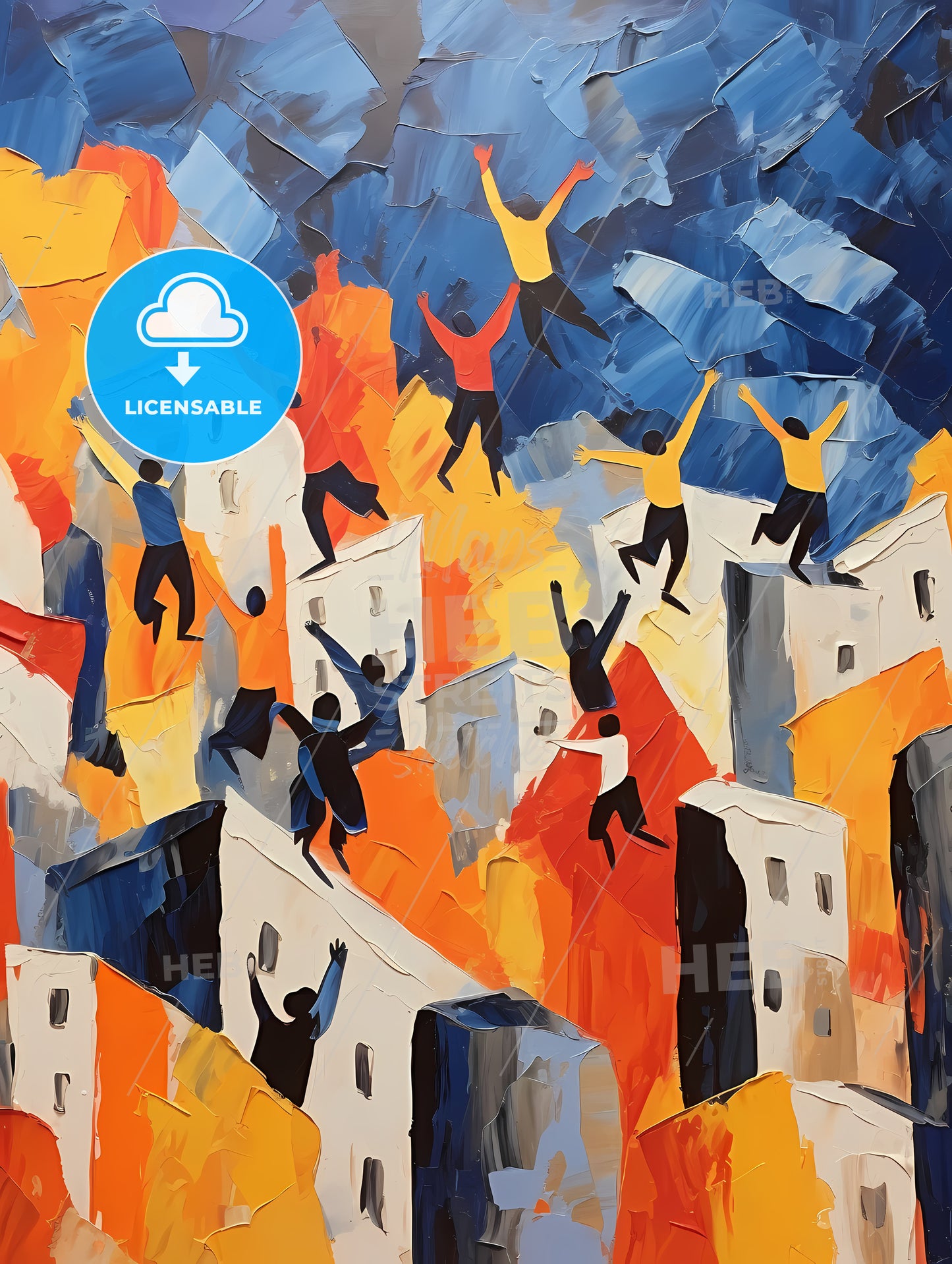 Painting Of People Jumping On A City