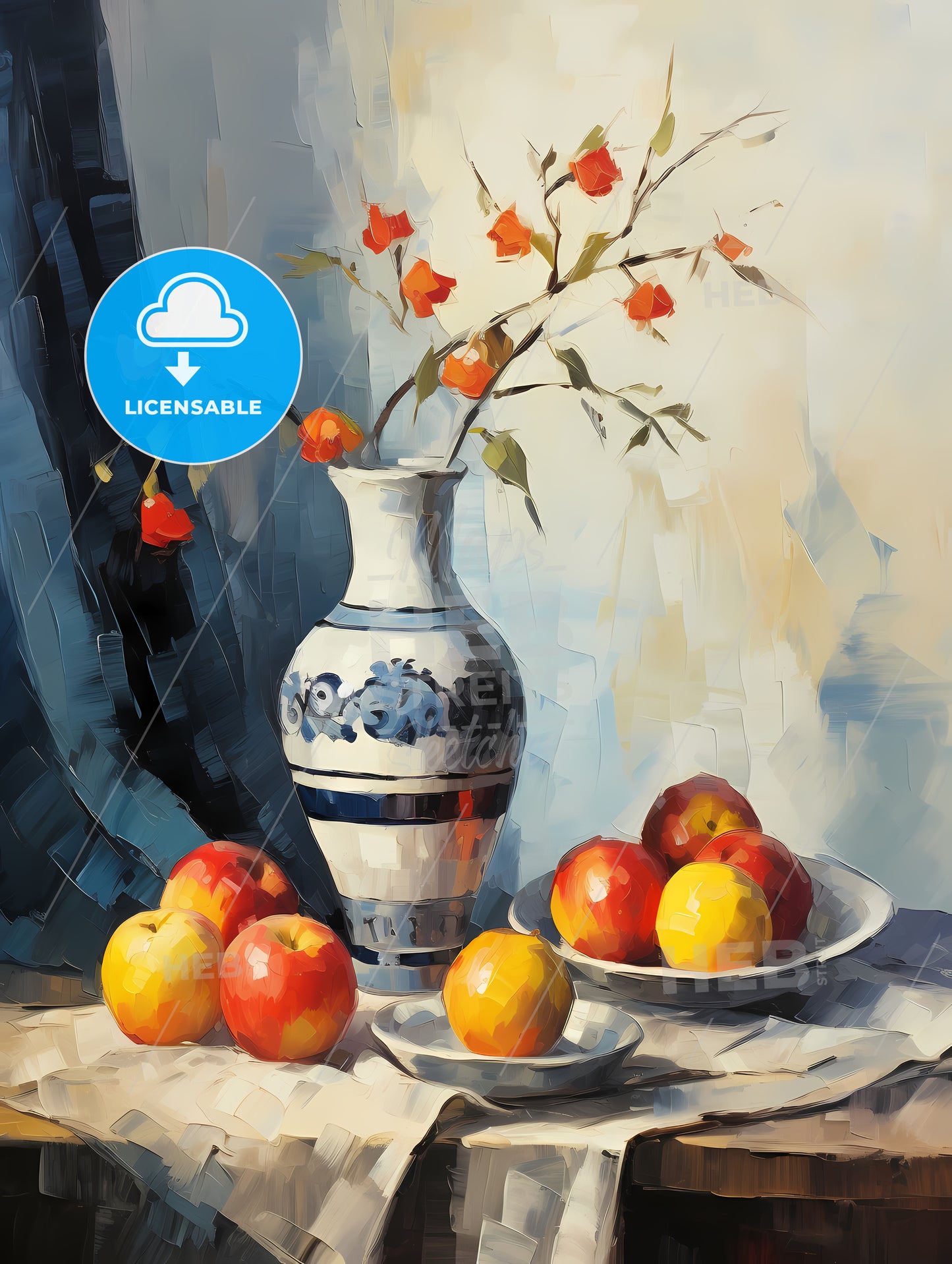 Painting Of A Vase With Flowers In It And Apples On A Table