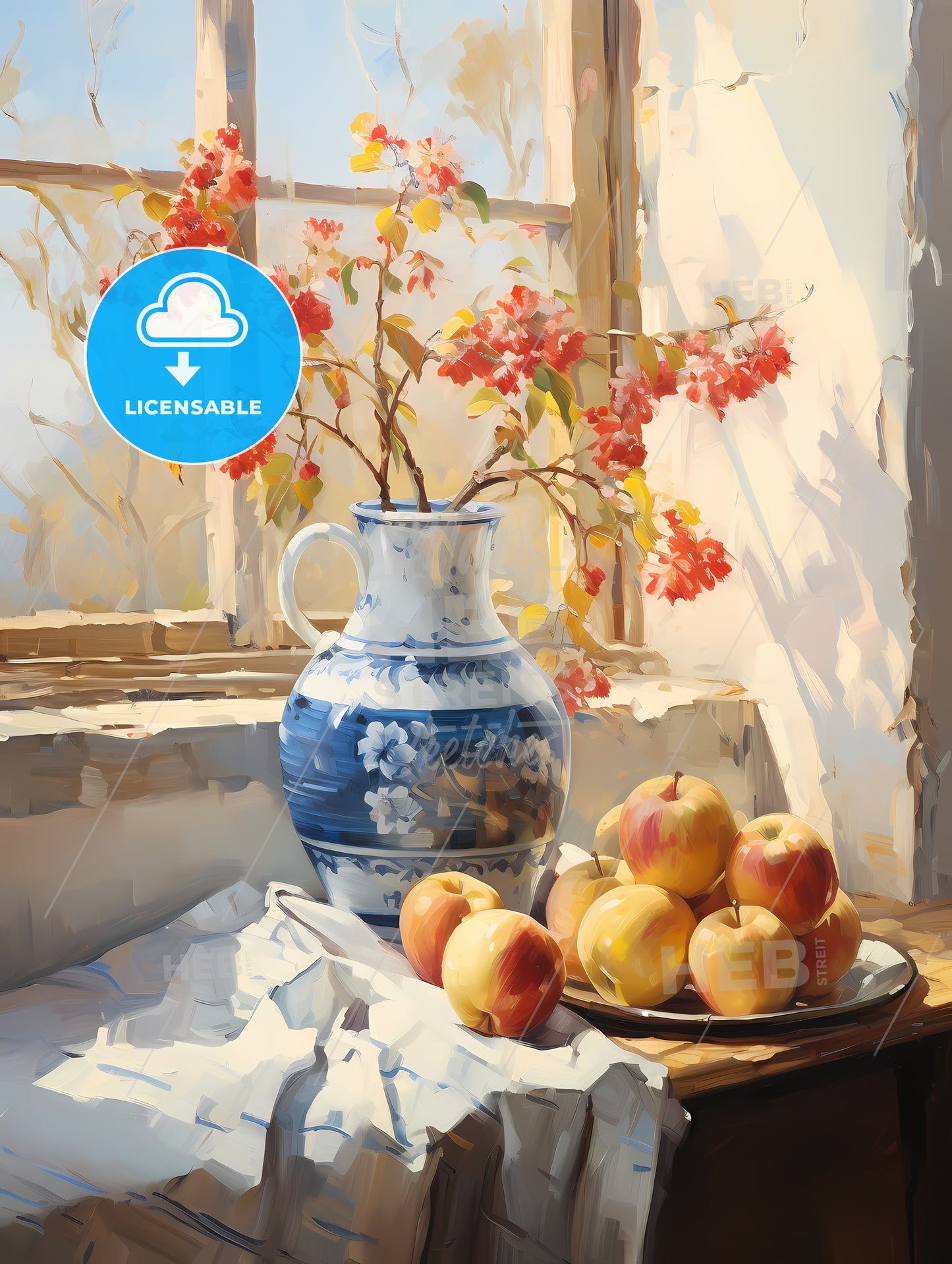 Painting Of A Vase Of Flowers And Apples