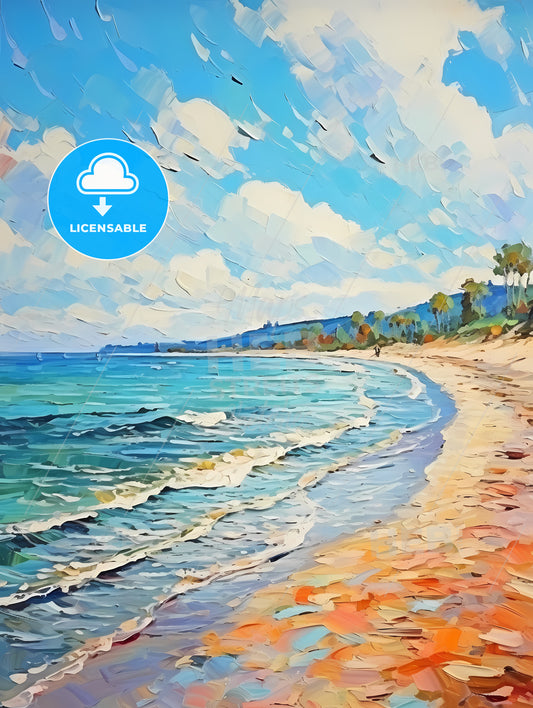 Painting Of A Beach With Waves And Trees