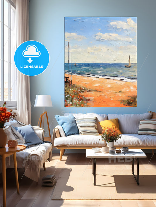 Living Room With A Painting Of A Beach And A Couch