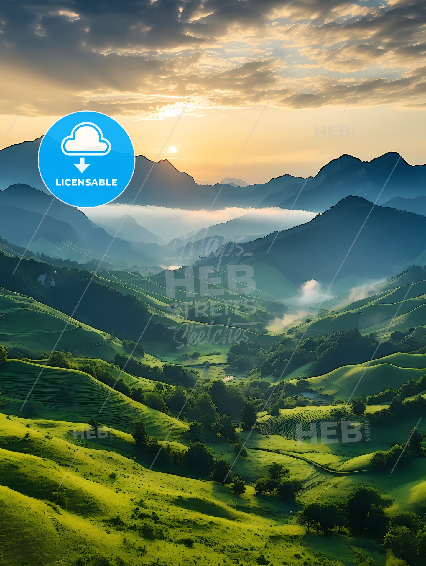 Green Hills With Trees And Mountains In The Background