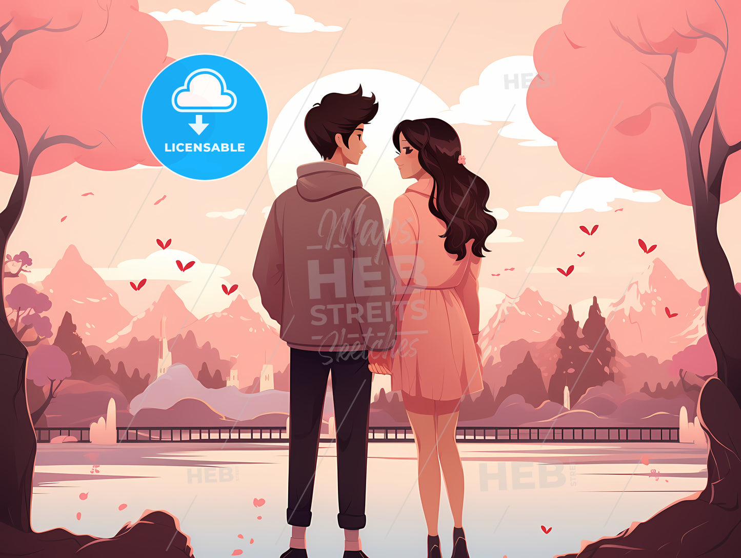 Man And Woman Standing By Water And Trees