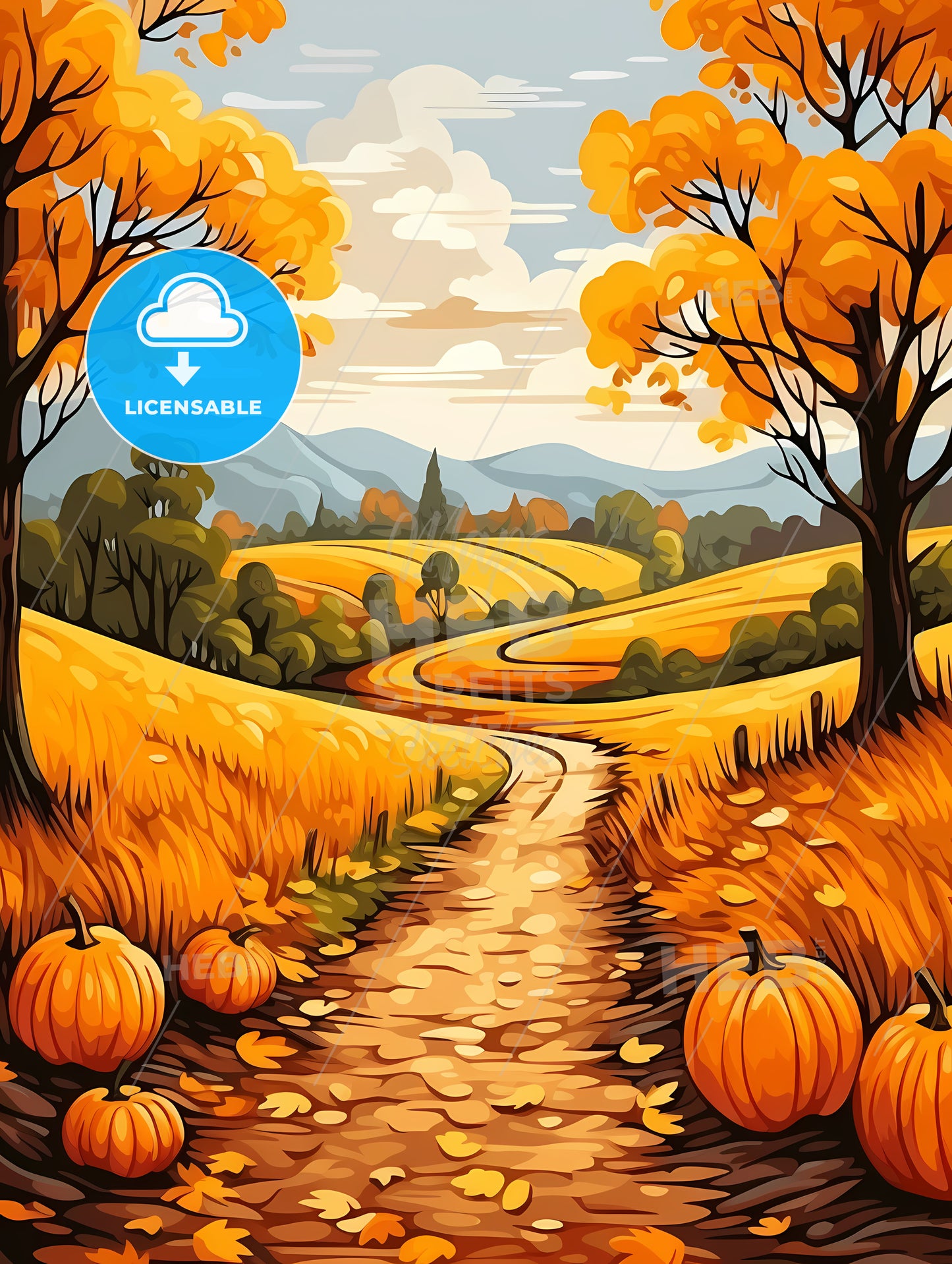 Road Through A Field With Pumpkins