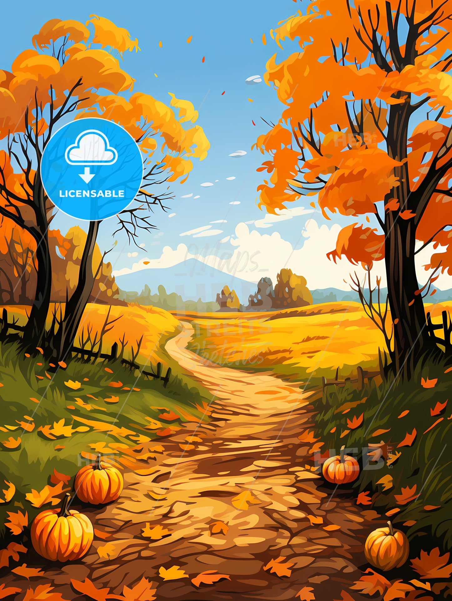 Painting Of A Path With Pumpkins And Trees