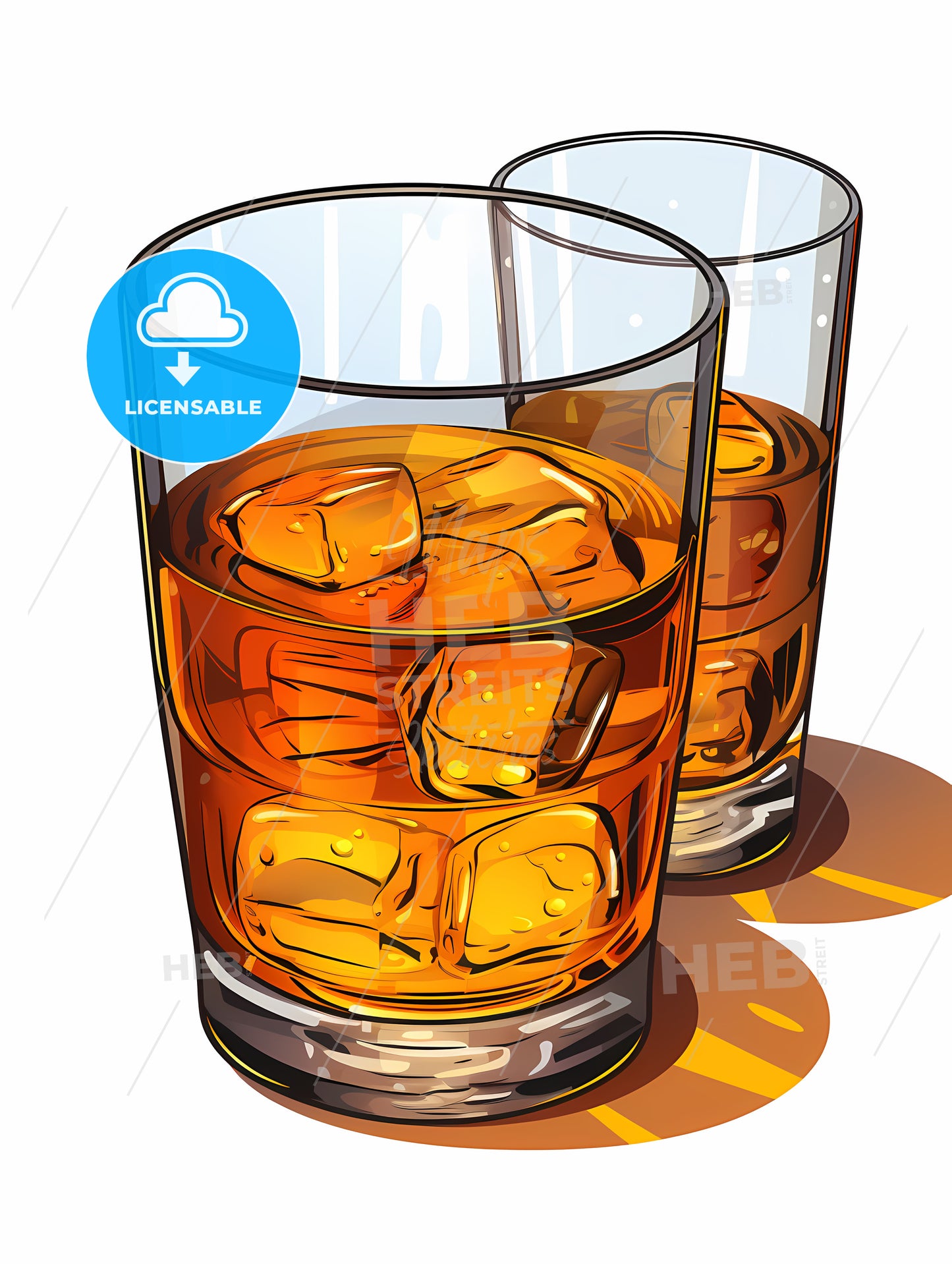 Two Glasses Of Amber Liquid With Ice Cubes