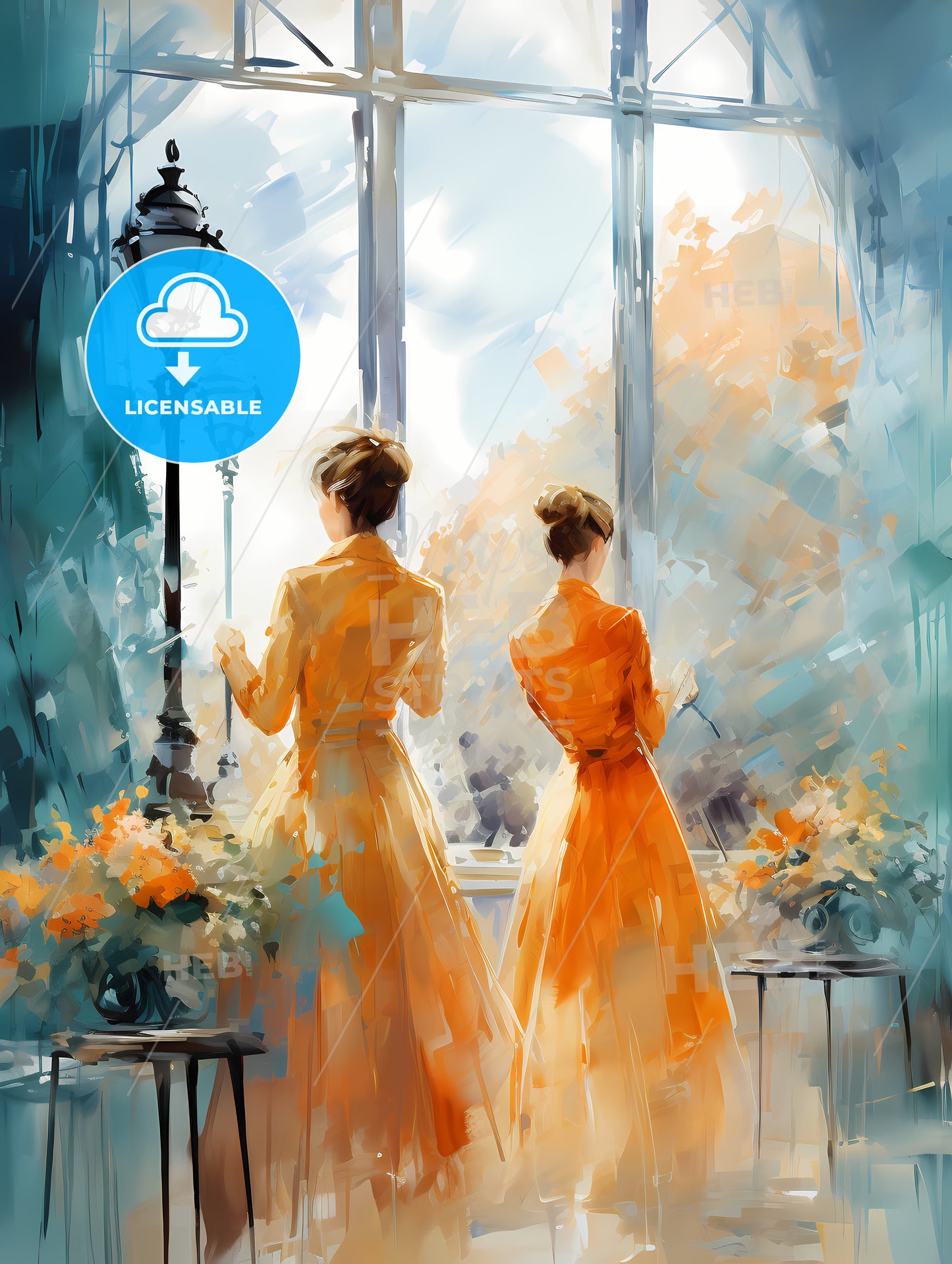 Two Women In Orange Dresses Looking Out A Window