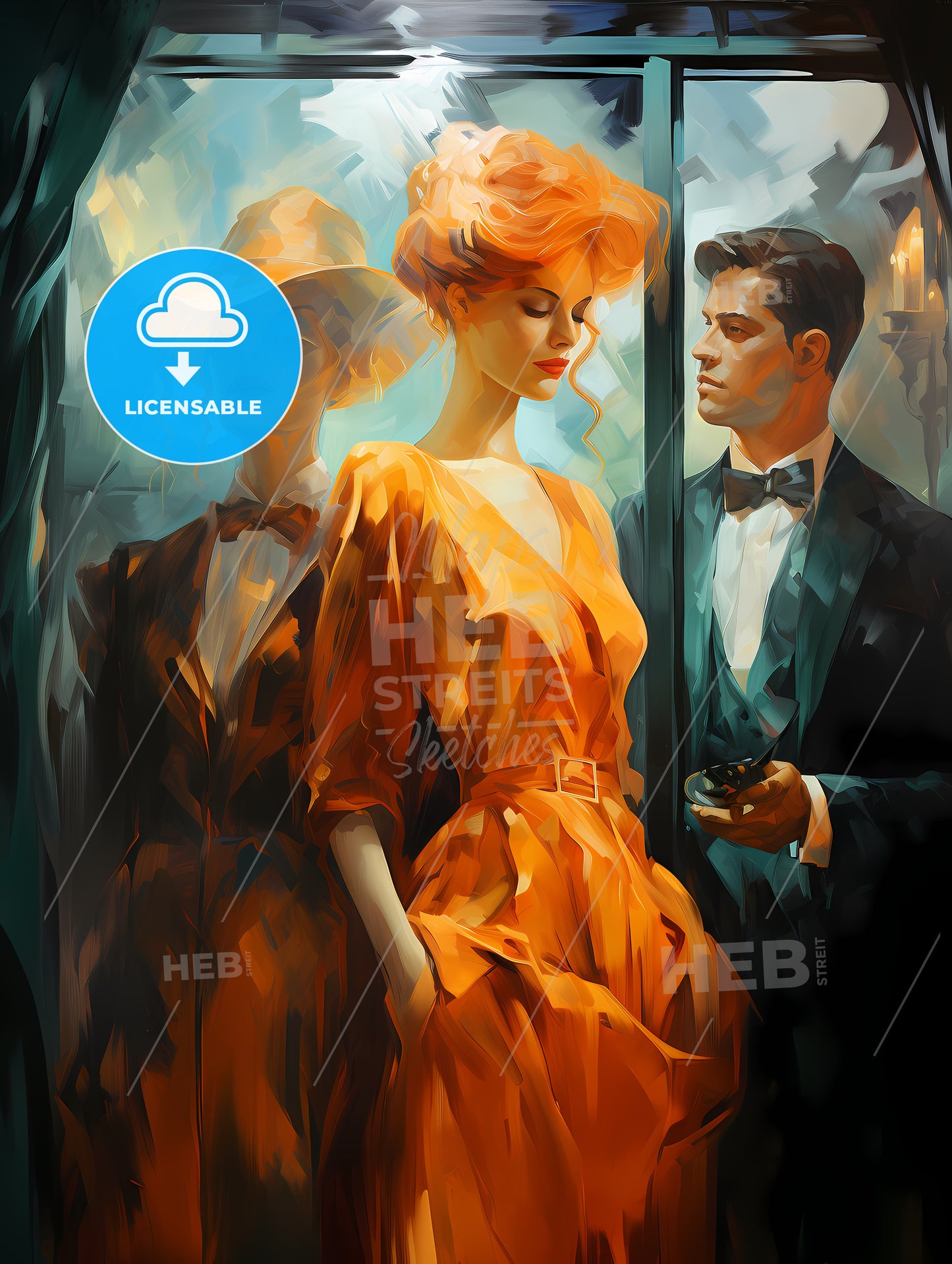 Painting Of A Woman In An Orange Dress And A Man In A Suit