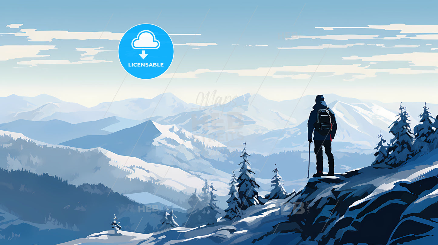 A Person Standing On A Mountain Looking At A Snowy Landscape