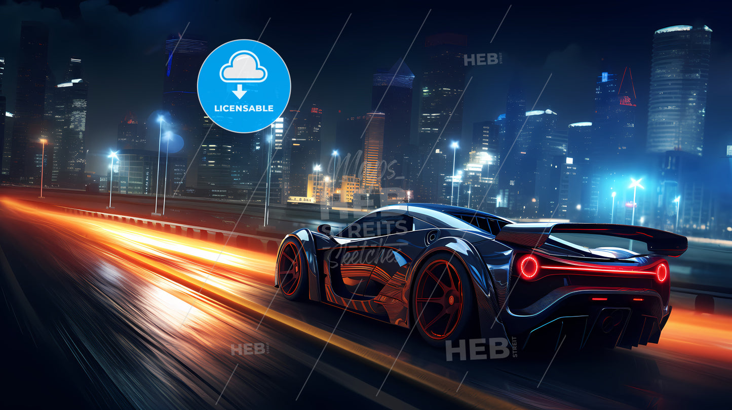 A Sports Car On A Road With Lights And City Skyline In The Background