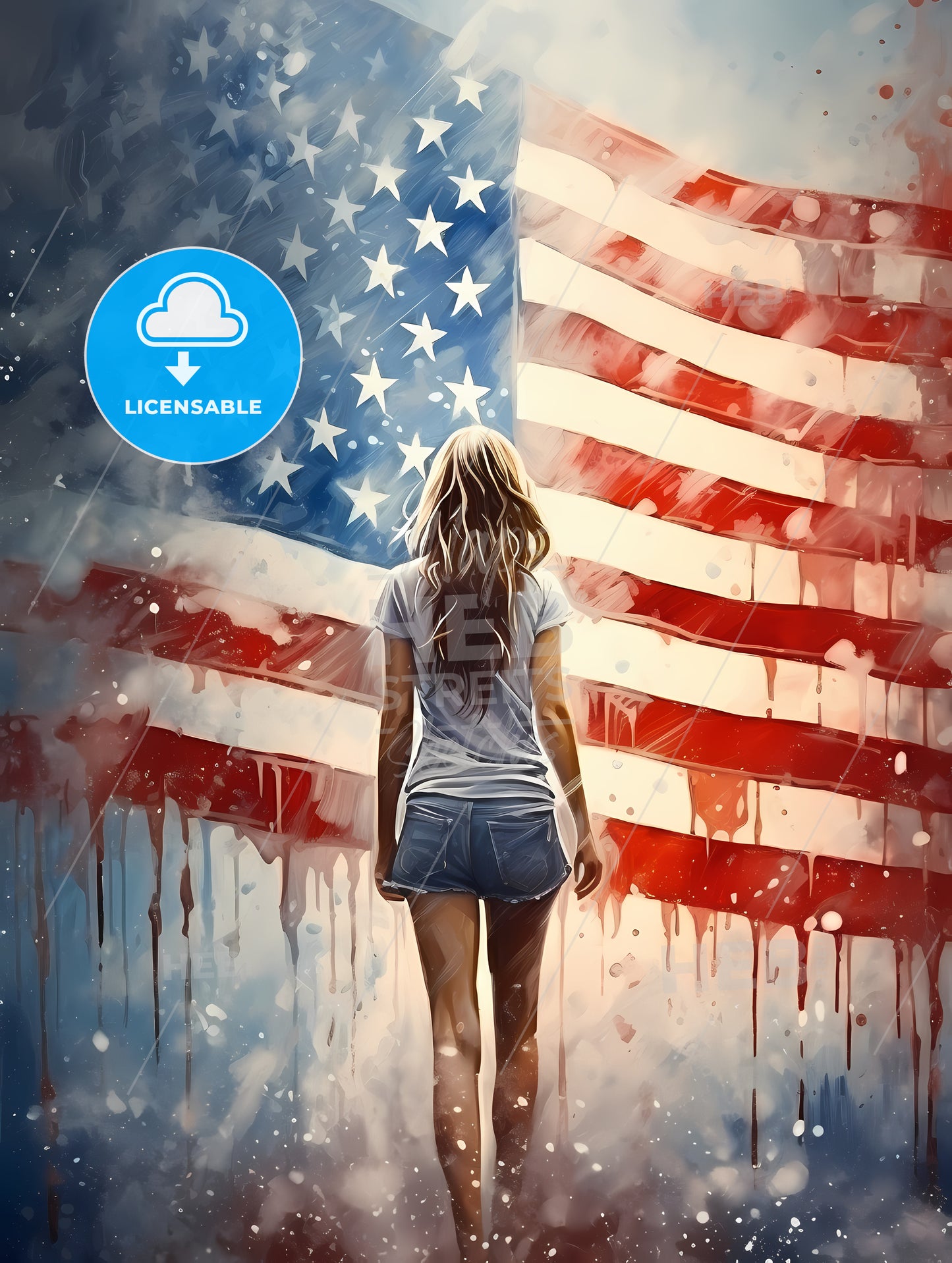 A Woman Walking In Front Of A Flag