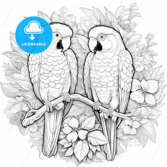 A Black And White Drawing Of Two Parrots On A Branch