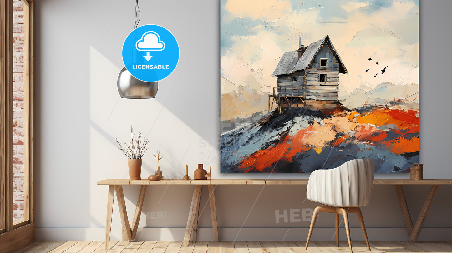 A Painting Of A House On A Hill