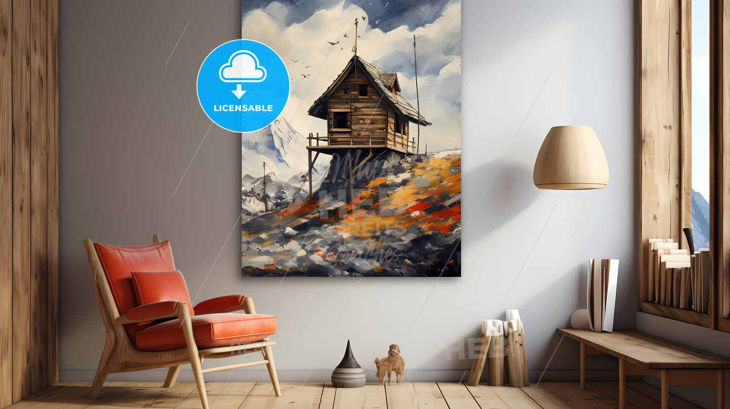 A Painting Of A Cabin On A Hill