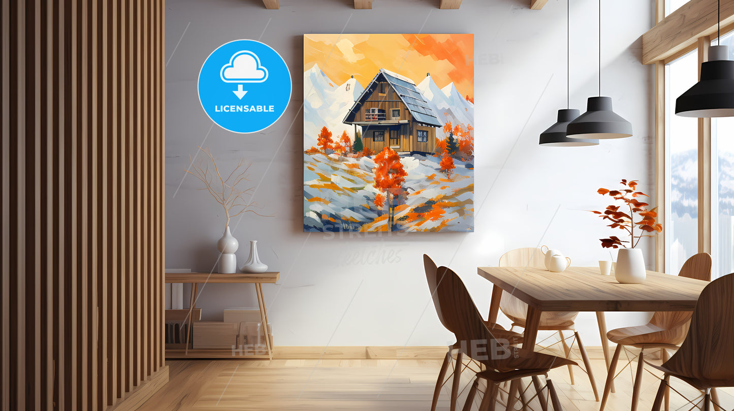 A Painting Of A House On A Wall