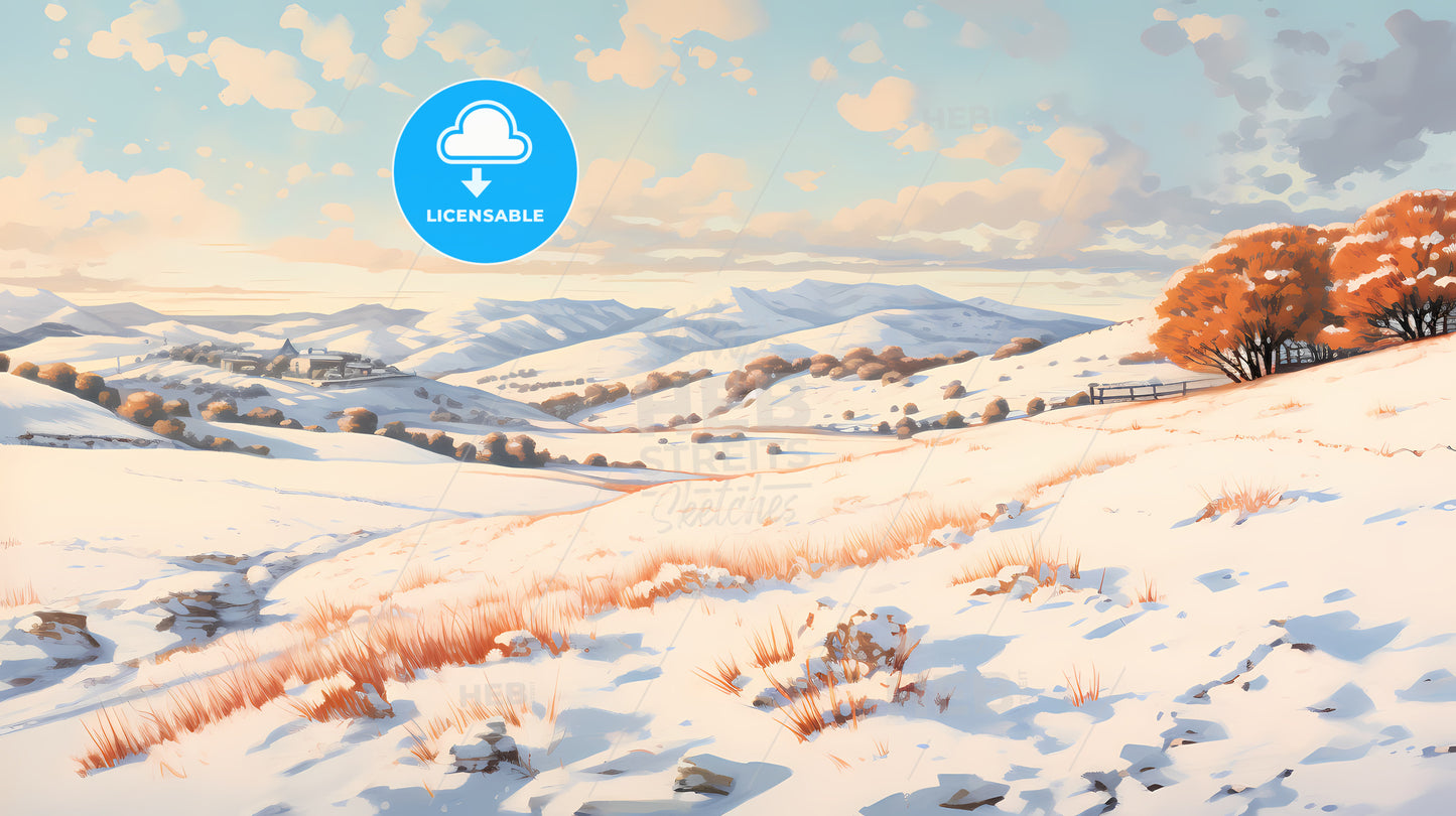 A Snowy Landscape With Hills And Trees