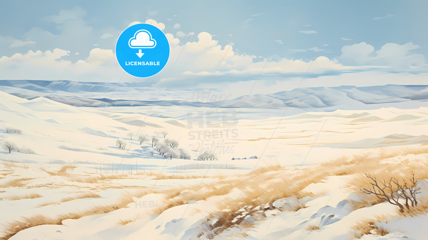 A Snowy Landscape With Mountains And Trees