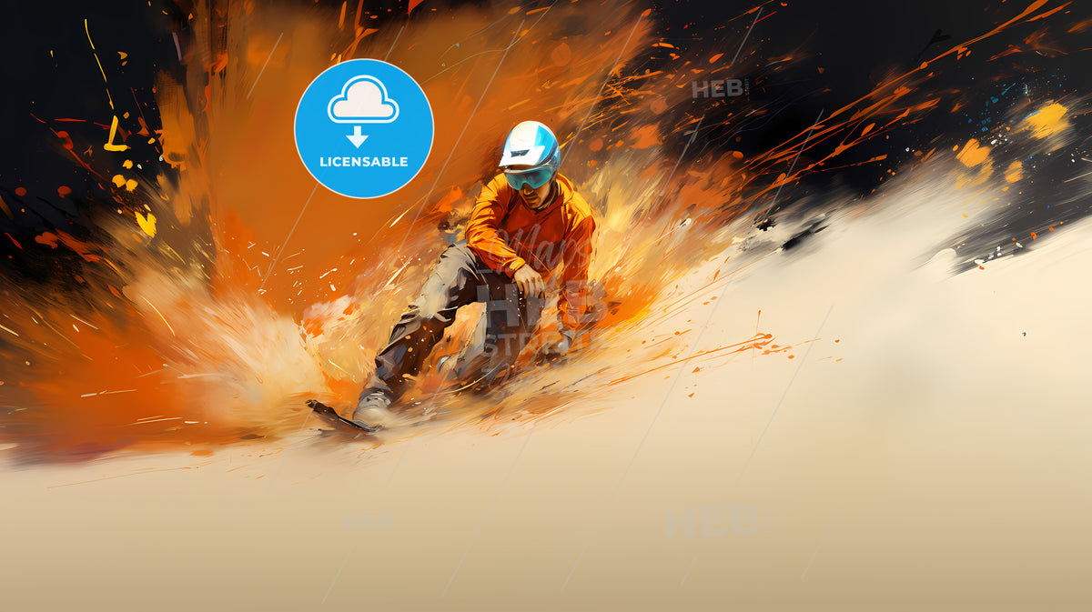 A Man In Orange Shirt And Helmet Skiing Down A Hill