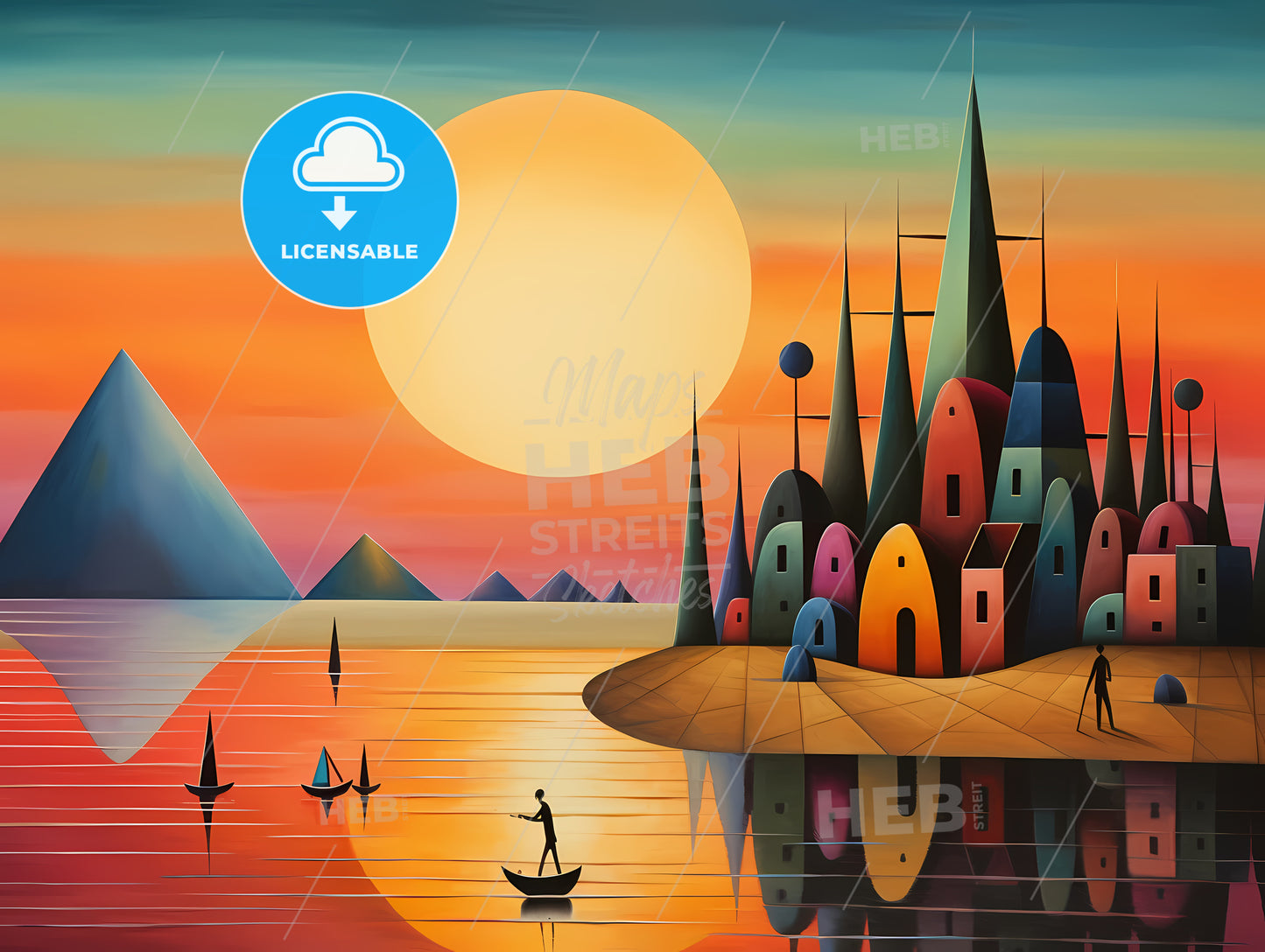 A Painting Of A City On A Lake