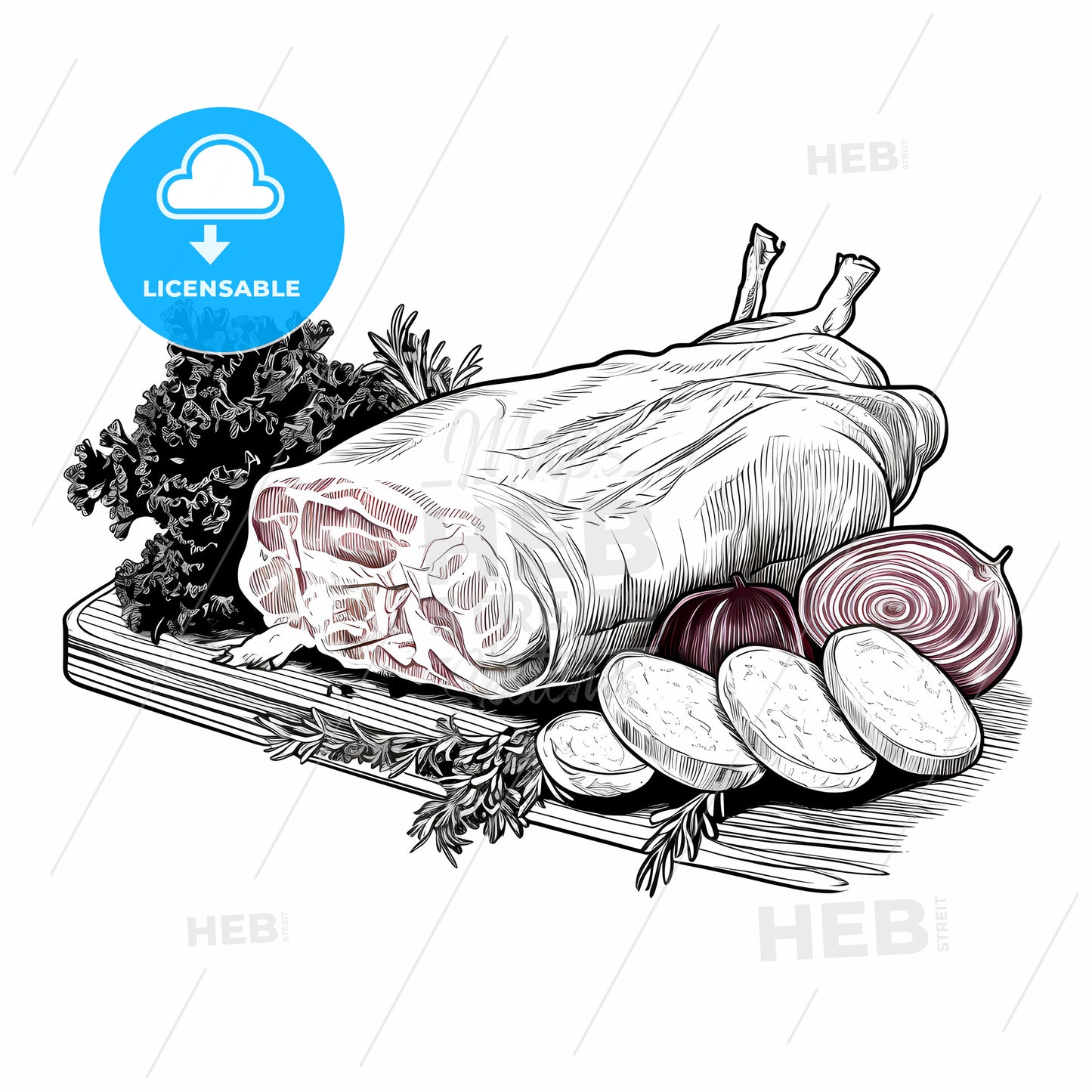 Piece Of Meat With Vegetables On A Cutting Board