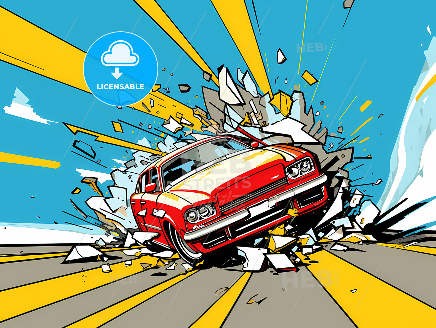 Cartoon Of A Red Car Breaking Through A Wall