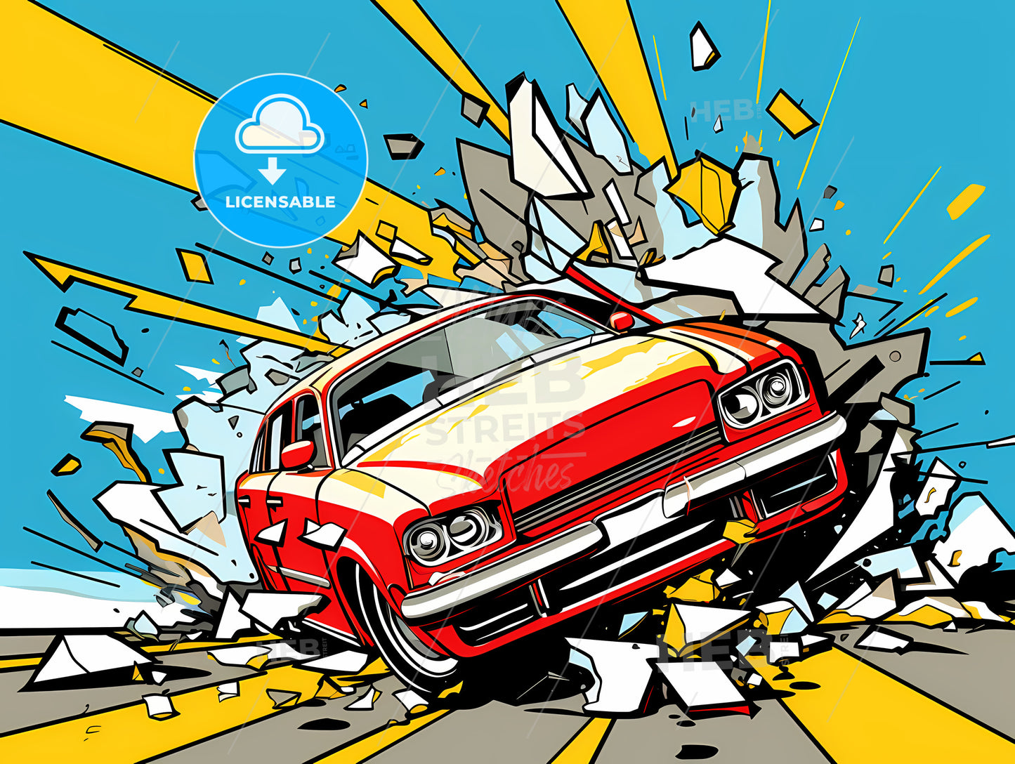 Cartoon Car Breaking Through The Wall