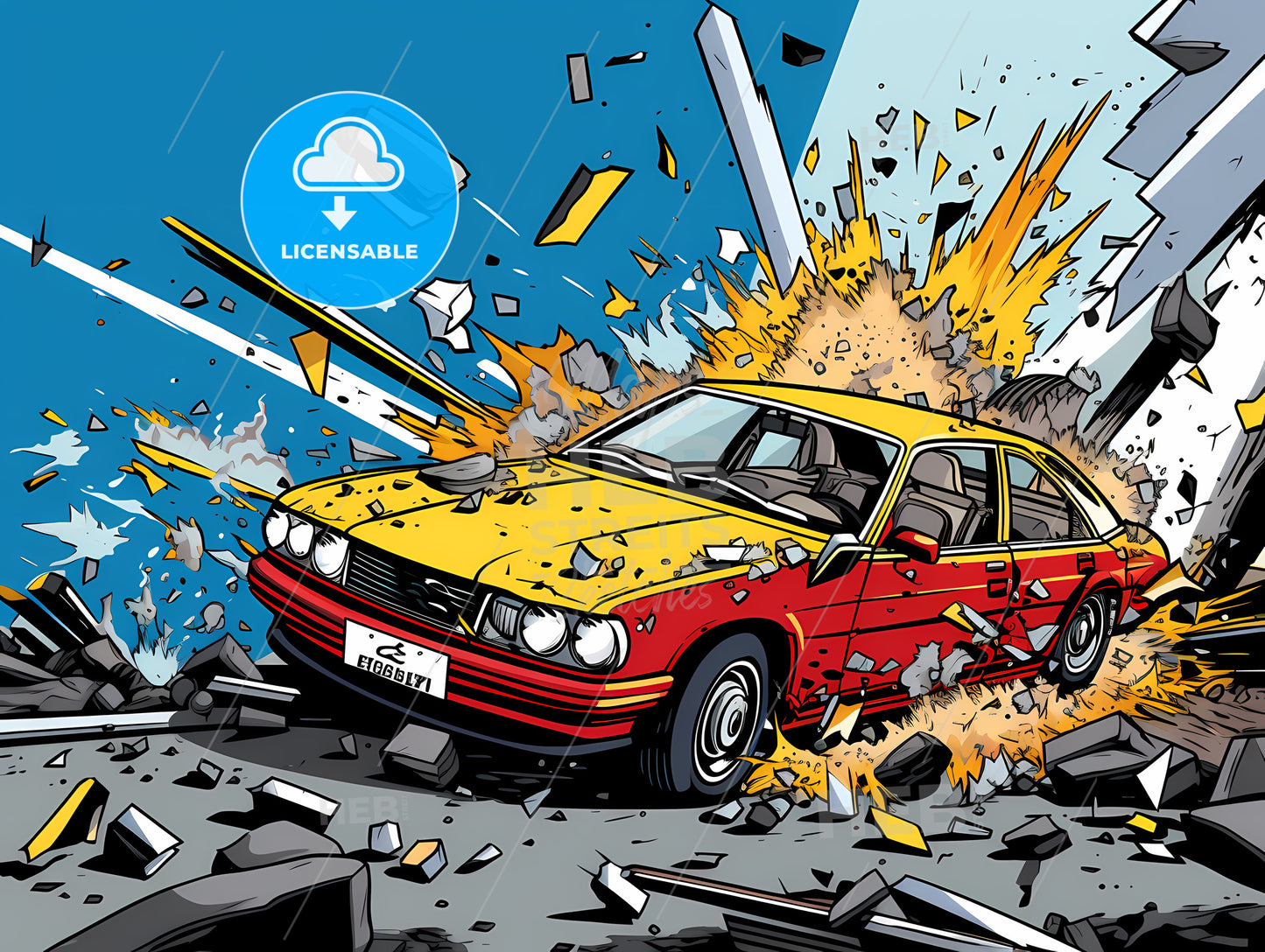 Cartoon Of A Car Crashing Into Rubble