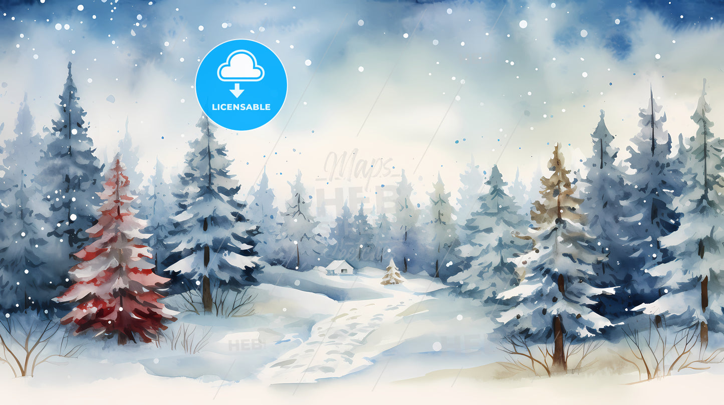 Watercolor Painting Of A Snowy Forest With Trees And A Small House