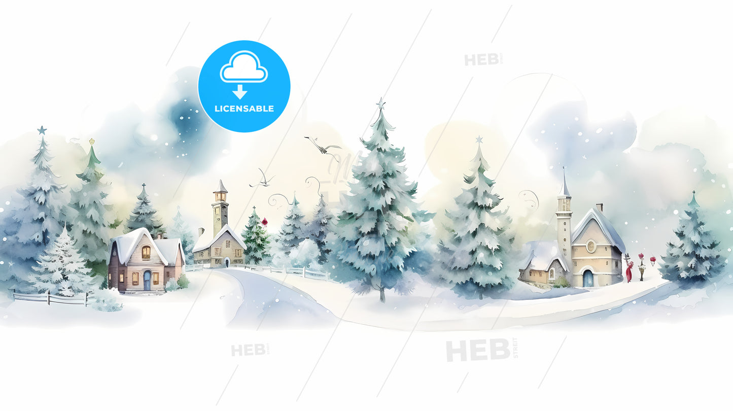 Watercolor Of A Village With Trees And Snow