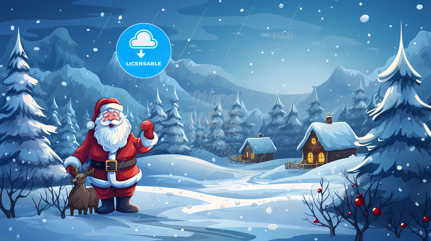 Cartoon Of Santa Claus In A Snowy Landscape