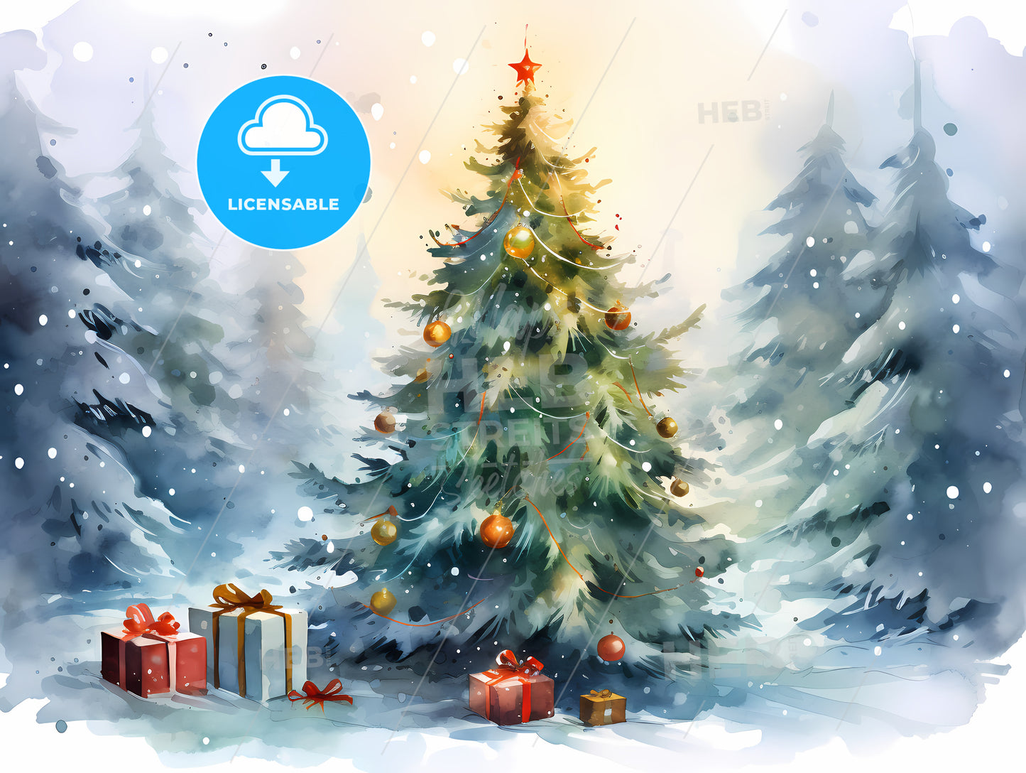 Watercolor Of A Christmas Tree With Presents