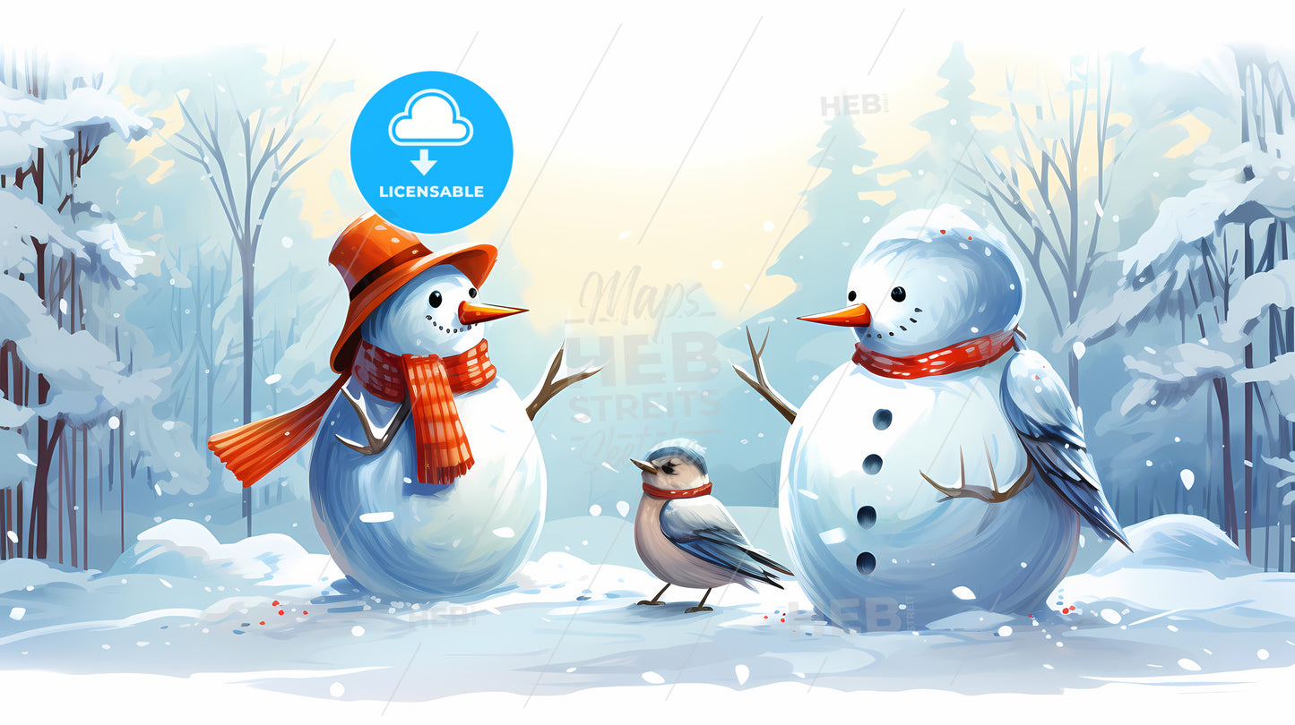 Snowman And A Bird In The Snow